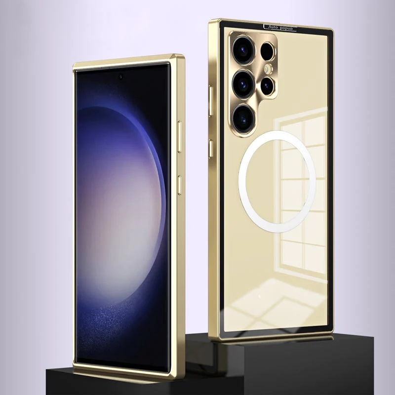 Upgrade luxus Auto Popup fémkeret és lencsevédelem mágneses átlátszó telefon tok Samsunga számára