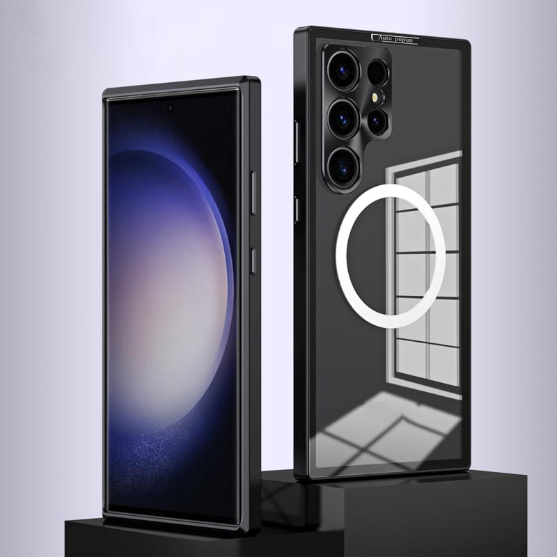 Upgrade luxus Auto Popup fémkeret és lencsevédelem mágneses átlátszó telefon tok Samsunga számára