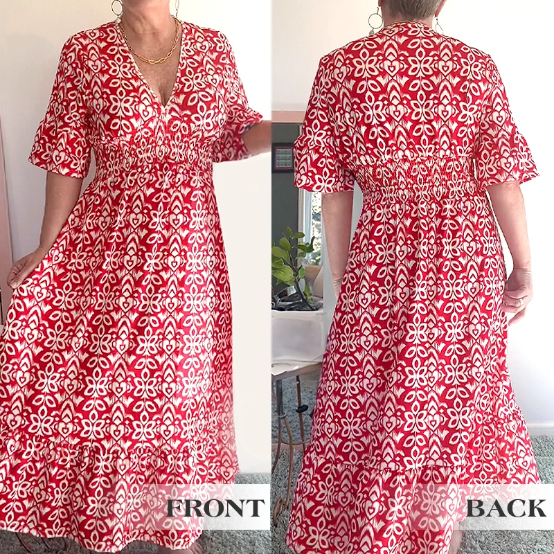 💞Lezser hosszú ruha mintával és V-nyakkal🌸